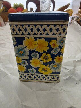 VINTAGE FLORAL BLUE & YELLOW STORAGE TIN METAL BOX EQUAL SWEETNER